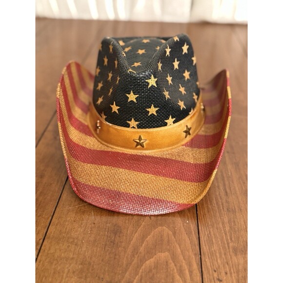 Accessories - Vintage Tea Stained USA American Flag Shape It Brim Western Cowboy Hat Unisex